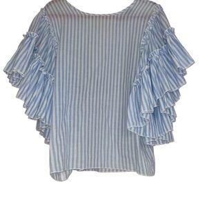 Style Mafia Blue and White Striped Ruffled Sleeve Blouse